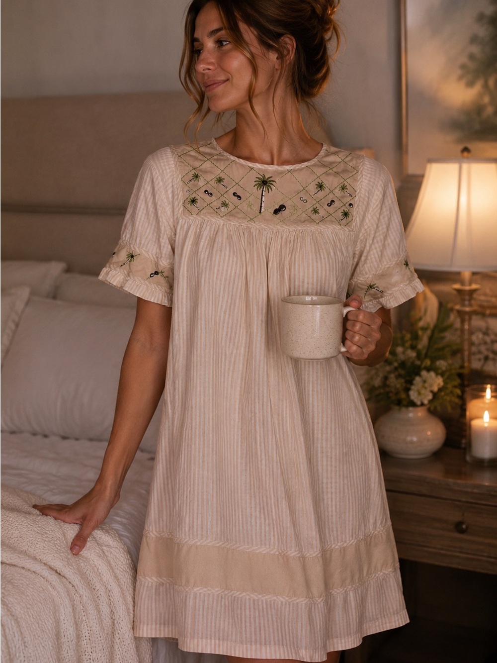 Bechamel Cotton Embroidered Palm Tree Nightgown Sleep Shirt Size S Boho Cottage